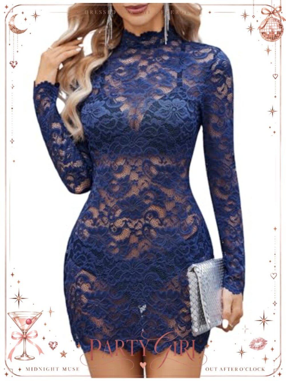 Sheer Lace Mini Dress Long Sleeve Mock Neck Bodycon Party